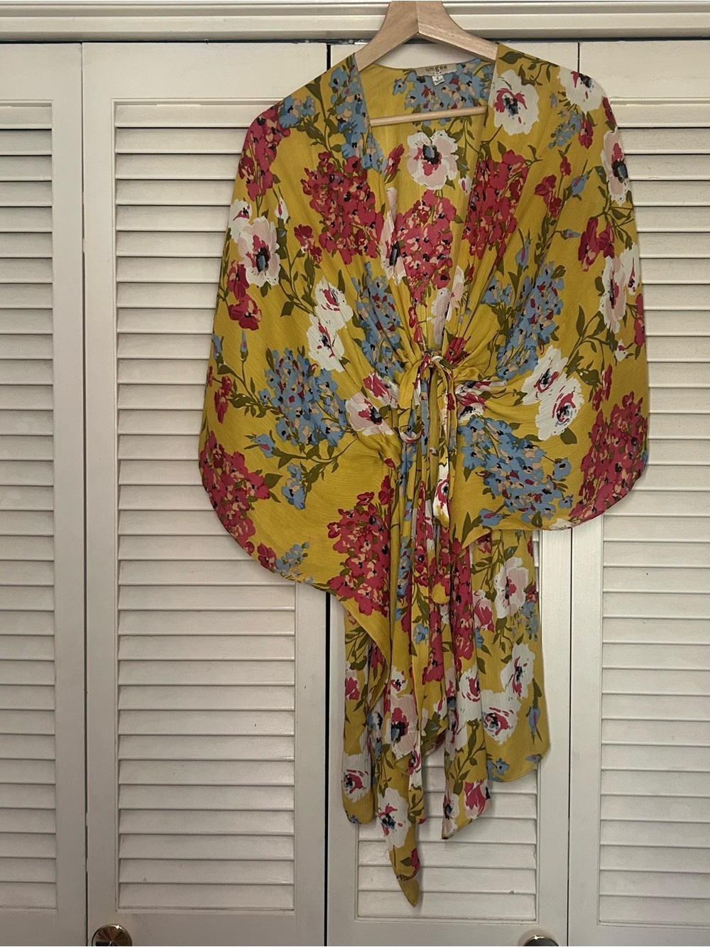 Umgee Yellow Floral Wrap Kimono Cardigan Boho Tie Front Size S